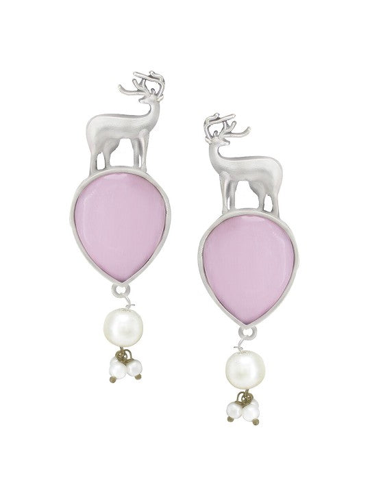 Silver Plated Deer Shaped Pink Monalisa Stone Studded Drop Earrings