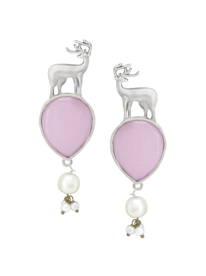 Silver Plated Deer Shaped Pink Monalisa Stone Studded Drop Earrings