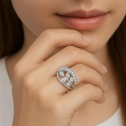 Rhodium Plated American Diamond Leaf Traditional Adjustable Ring for Women
