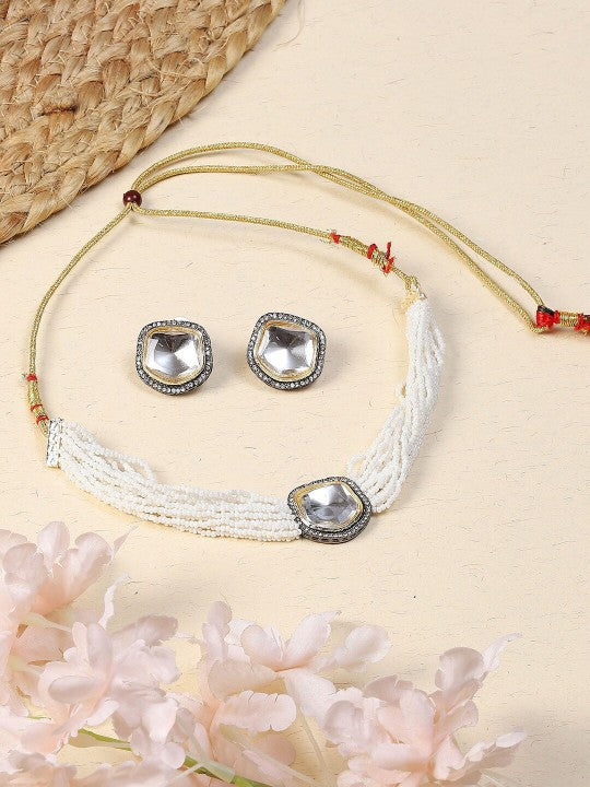 Gold Plated Kundan & Beaded Choker Jewellery Set