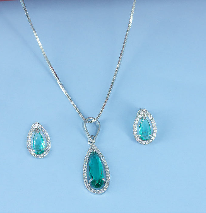 Rhodium Plated Green Drop American Diamond Trendy Pendant Set