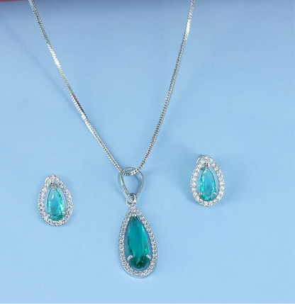 Rhodium Plated Green Drop American Diamond Trendy Pendant Set