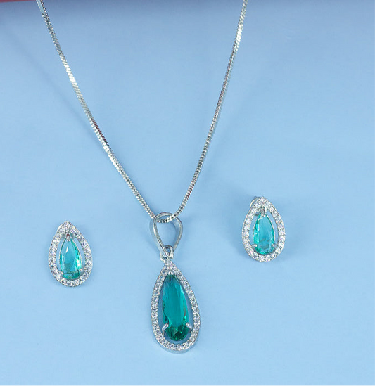 Rhodium Plated Green Drop American Diamond Trendy Pendant Set