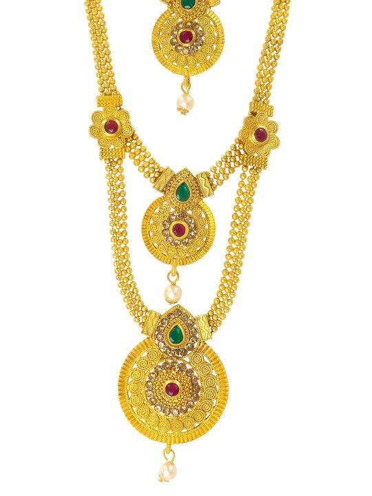 Gold-Plated Three-Layered Stone Studded Traditional Jewellery Set