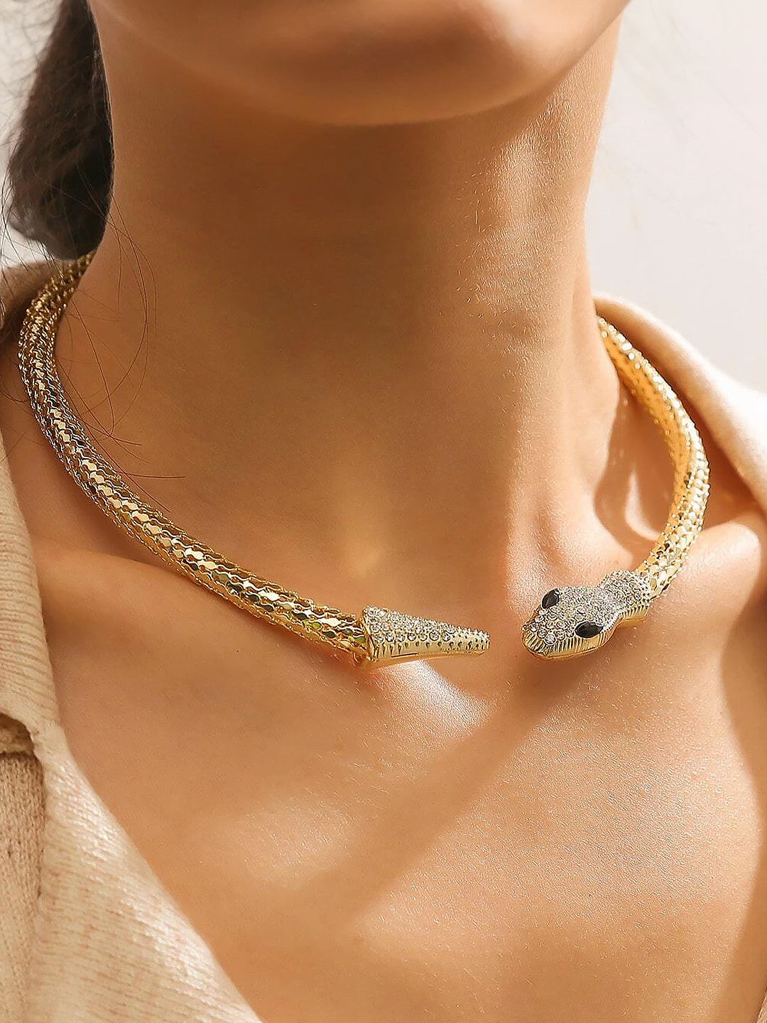 Serpent Gold Plated & Black Rhinestone Hasli Choker Necklace For Women