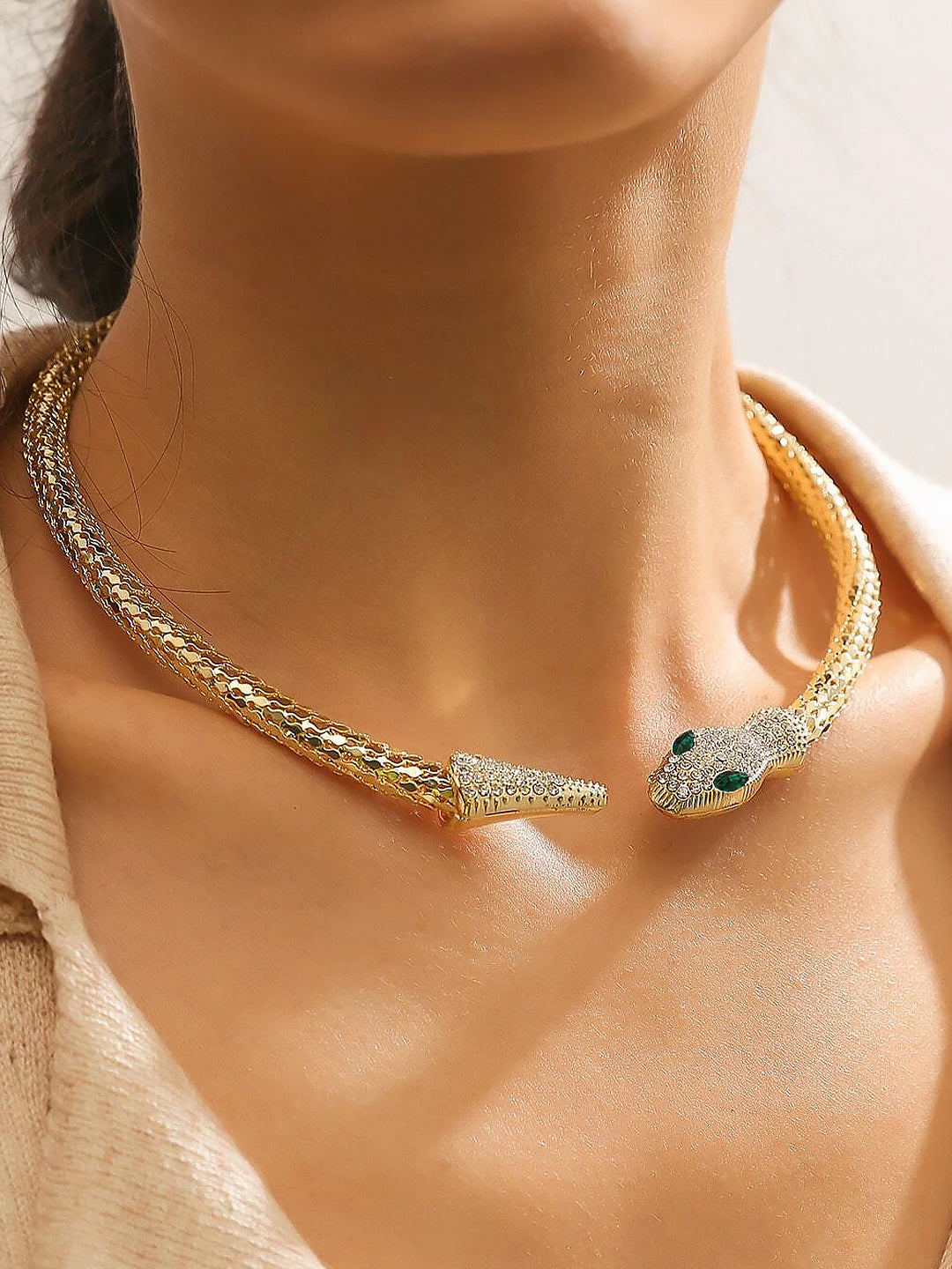 Serpent Gold Plated & Green Rhinestone Hasli Choker Necklace