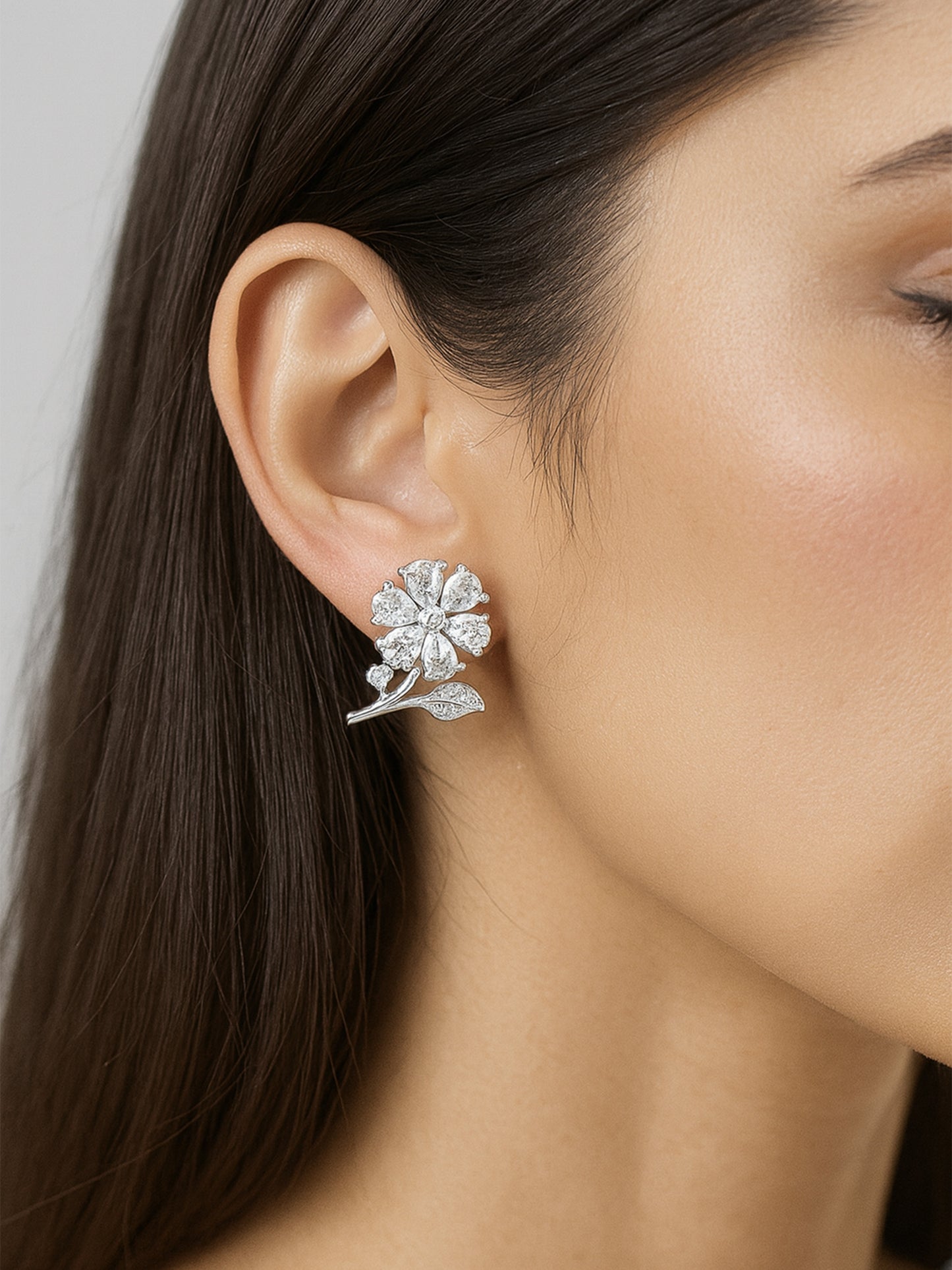Silver Plated AD Floral Stud Earrings for Women