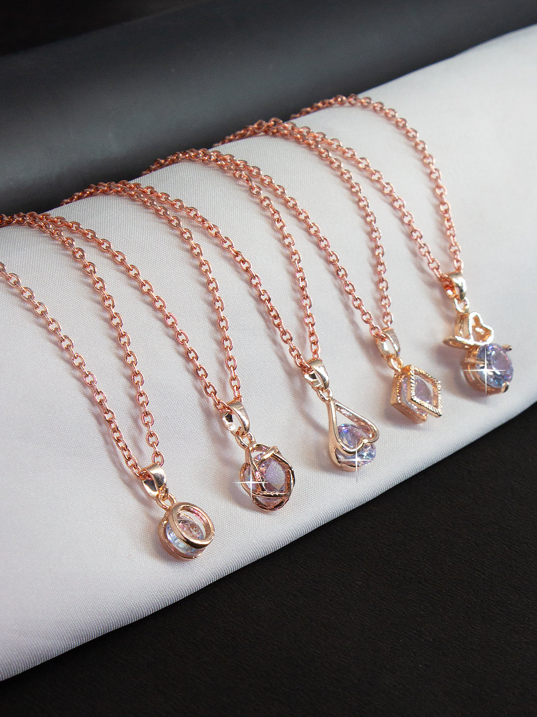 PRIVIU Rose Gold Plated Crystal Charm Pendant Chains Set for Girls (Pack of 5)
