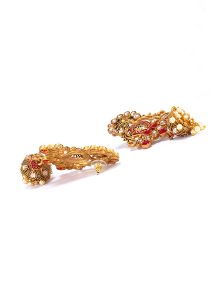 Gold Plated Red Floral Jhumka Earrings