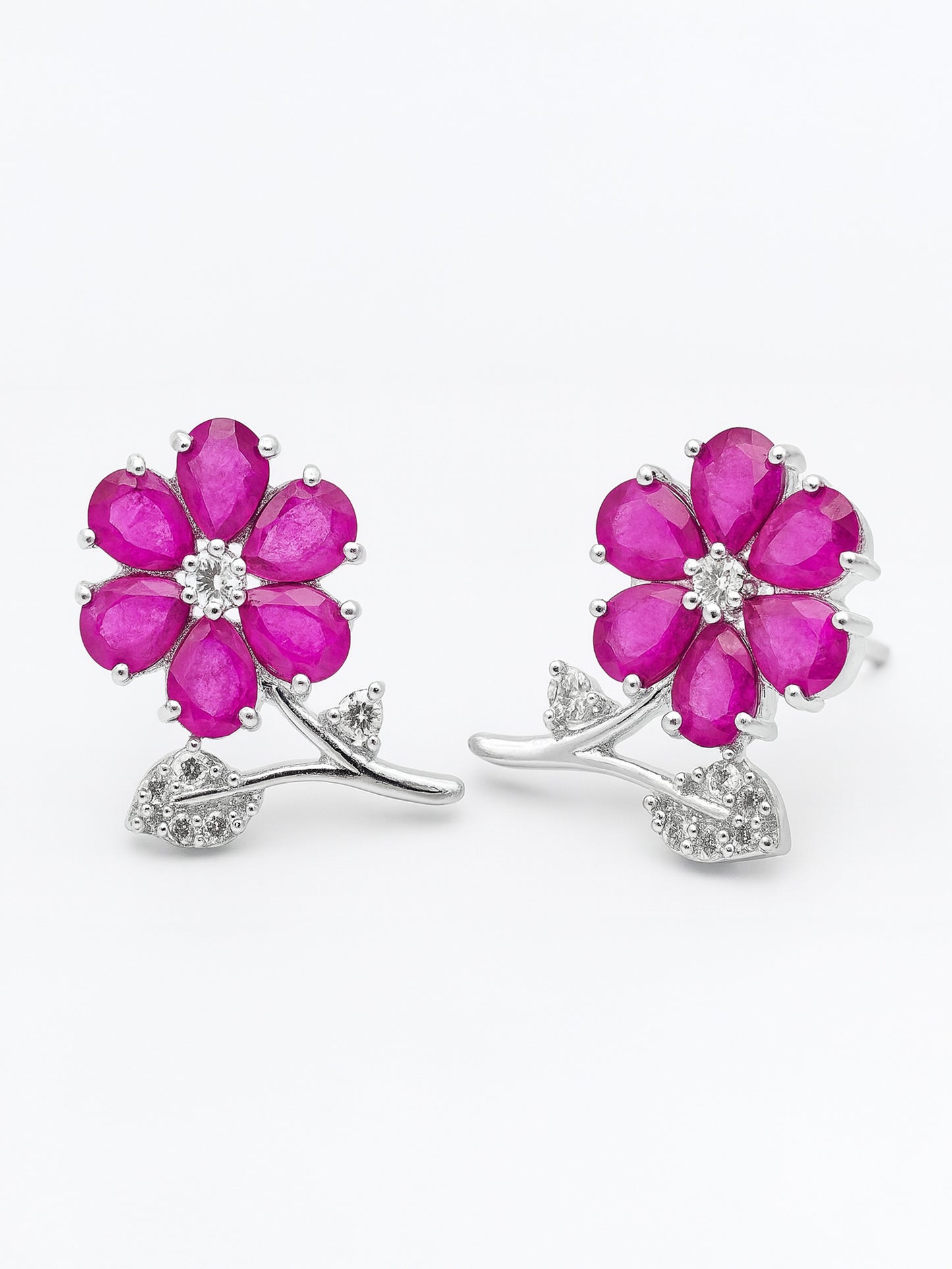 Silver Plated Ruby AD Floral Stud Earrings for Women