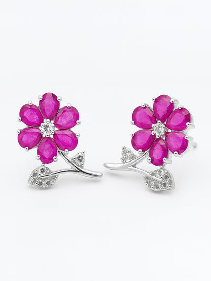 Silver Plated Ruby AD Floral Stud Earrings for Women