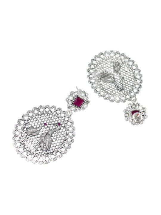 Silver Oxidised Heron Bird Shaped & Artificial Stones Studded Drop Earrings