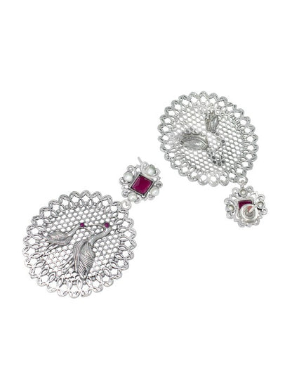Silver Oxidised Heron Bird Shaped & Artificial Stones Studded Drop Earrings