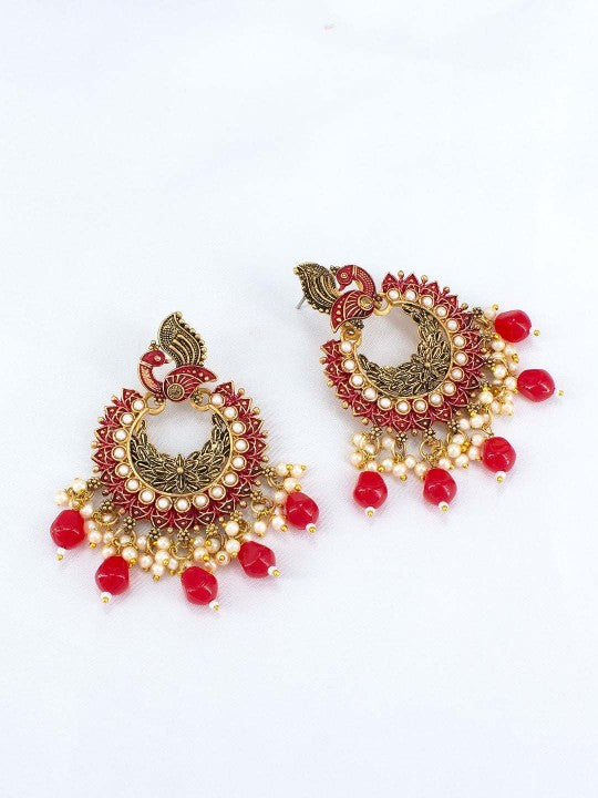 Red Peacock Beads Drop Earrings