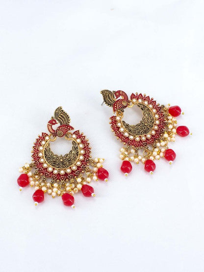 Red Peacock Beads Drop Earrings