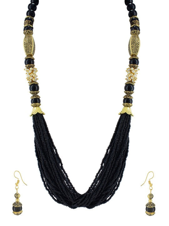 Black Beaded Layered Long Jewellery Set