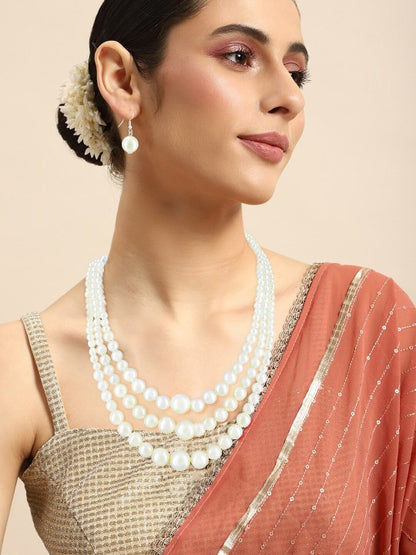 Silver Plated Three Layered Pearl Beaded Trendy Necklace & Earrings Set