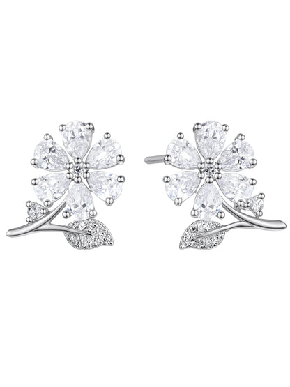 Silver Plated AD Floral Stud Earrings for Women