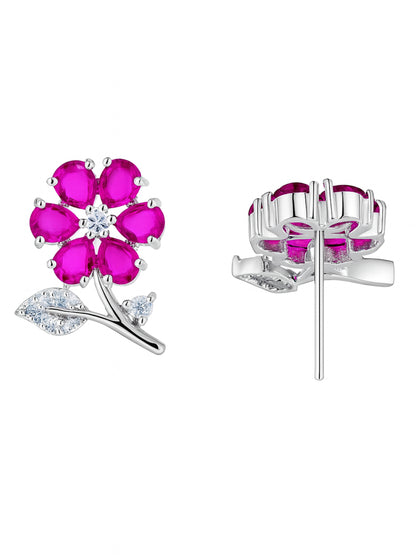 Silver Plated Ruby AD Floral Stud Earrings for Women