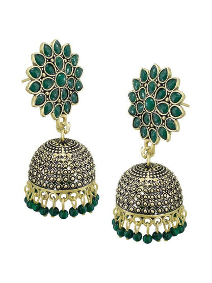 Gold Plated Green Artificial Stones Studded Jhumka Earrings