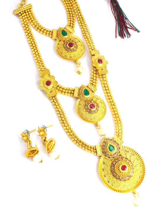 Gold-Plated Three-Layered Stone Studded Traditional Jewellery Set