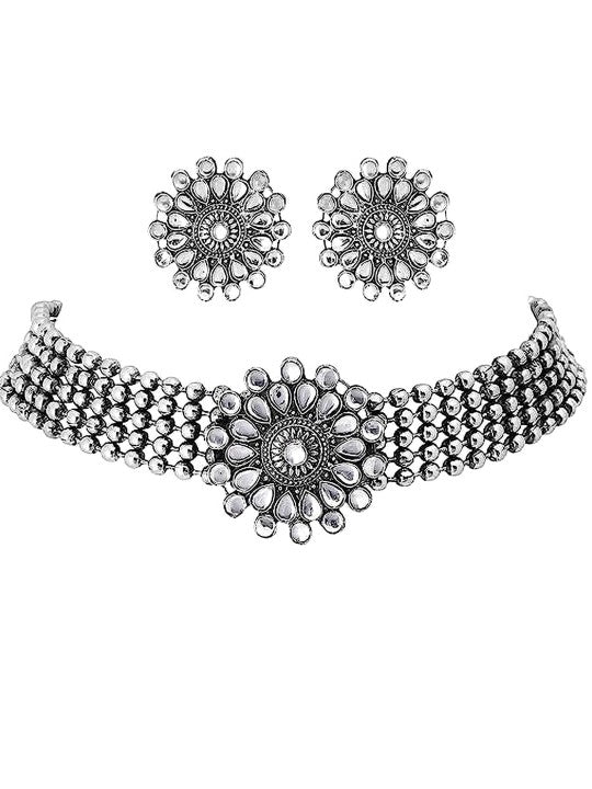 Silver-Plated Floral Kundan-Studded Jewellery Set