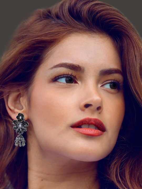 Oxidized Floral Jhumka Earrings
