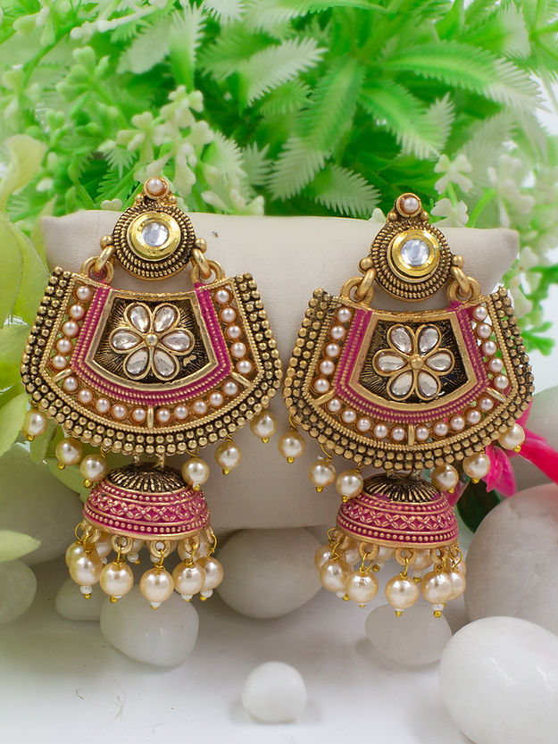 Gold Plated Pink Floral Jhumka Earrings