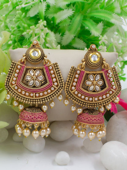 Gold Plated Pink Floral Jhumka Earrings