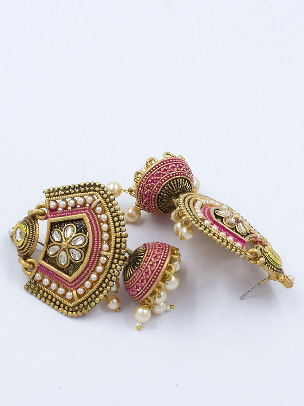 Gold Plated Pink Floral Jhumka Earrings