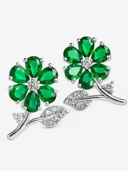 Silver Plated Green AD Floral Stud Earrings for Women