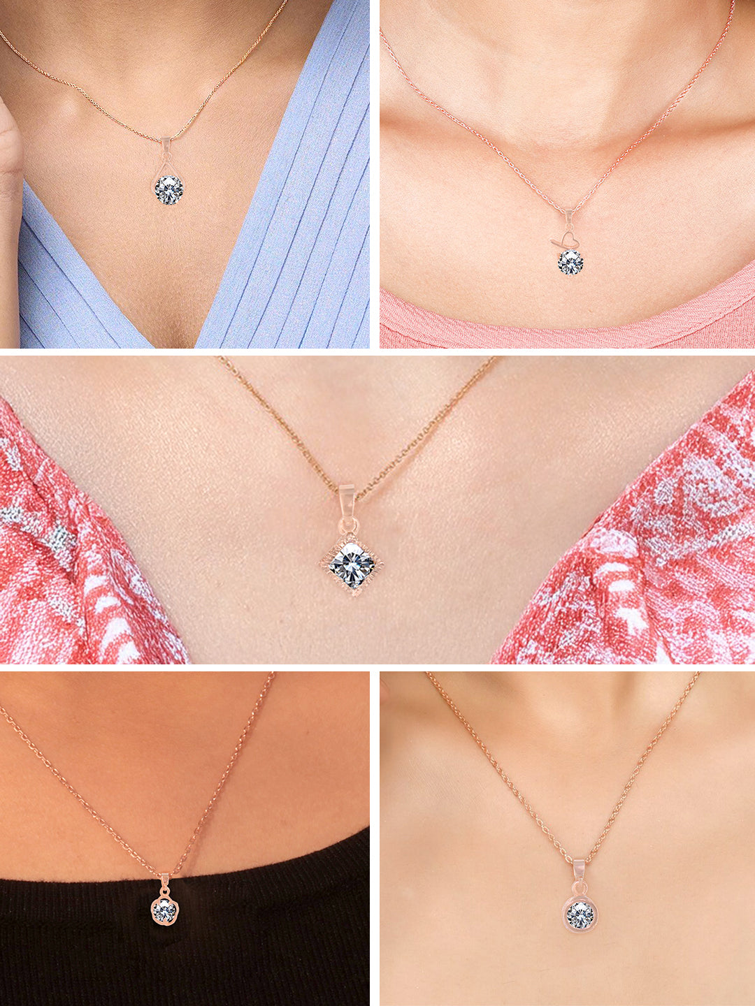 PRIVIU Rose Gold Plated Crystal Charm Pendant Chains Set for Girls (Pack of 5)
