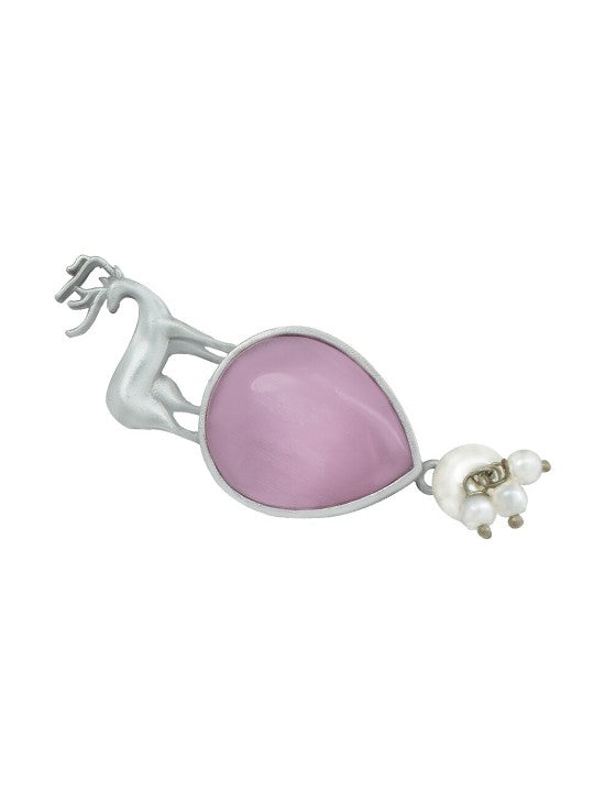 Silver Plated Deer Shaped Pink Monalisa Stone Studded Drop Earrings
