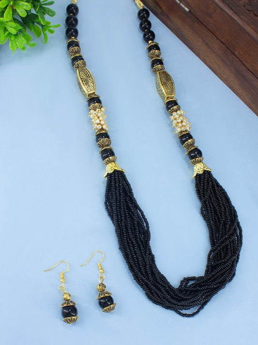 Black Beaded Layered Long Jewellery Set