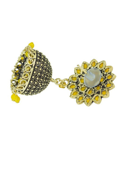 Gold Plated Yellow Artificial Stones Studded Jhumka Earrings