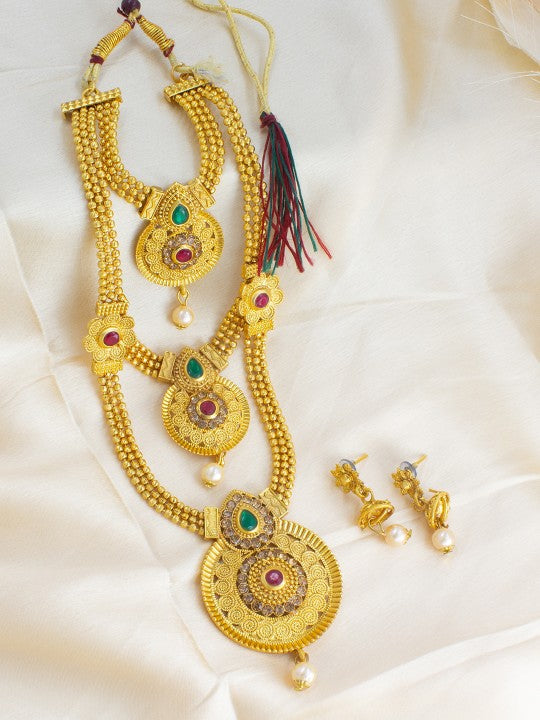 Gold-Plated Three-Layered Stone Studded Traditional Jewellery Set