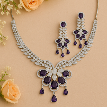 Silver Plated Purple AD Designer Floral Jewellery Set