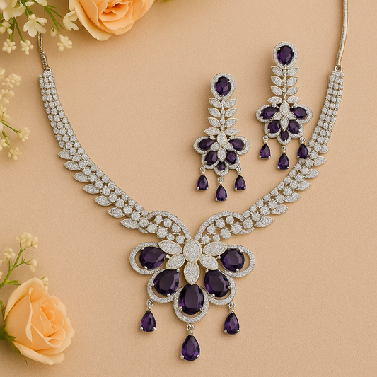 Silver Plated Purple AD Designer Floral Jewellery Set