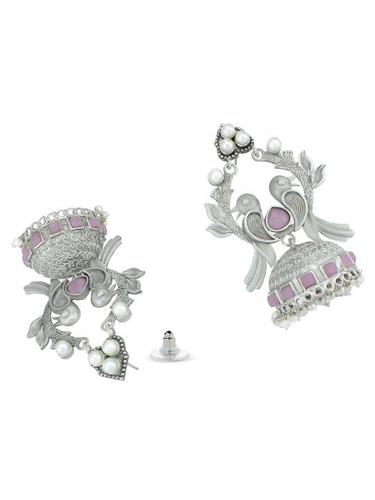 Silver Plated Artificial Beads & Stones Studded Bird Shaped Jhumka Earrings