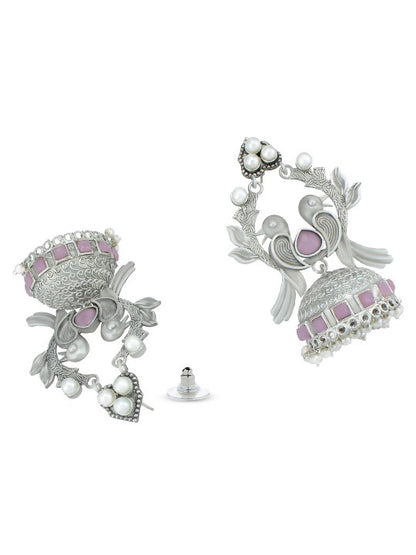 Silver Plated Artificial Beads & Stones Studded Bird Shaped Jhumka Earrings
