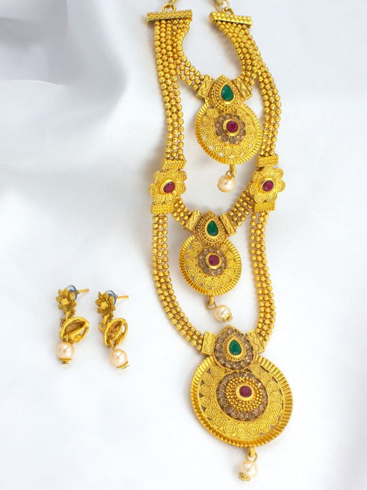 Gold-Plated Three-Layered Stone Studded Traditional Jewellery Set