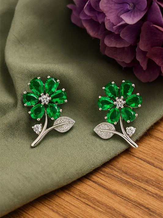 Silver Plated Green AD Floral Stud Earrings for Women