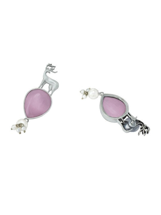 Silver Plated Deer Shaped Pink Monalisa Stone Studded Drop Earrings