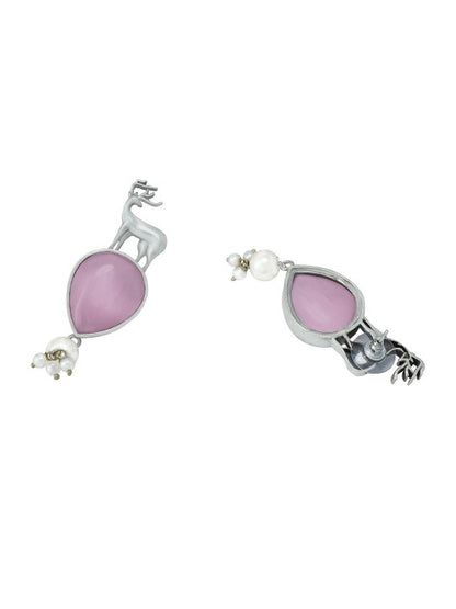 Silver Plated Deer Shaped Pink Monalisa Stone Studded Drop Earrings