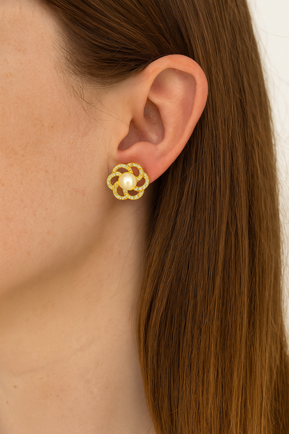 Gold Plated AD Floral Designer Stud Earrings for Women