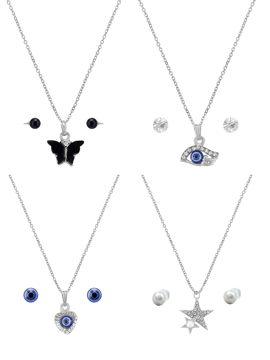 Pack of 4 Black & Blue Pendants & Earrings Set Gift For Girls