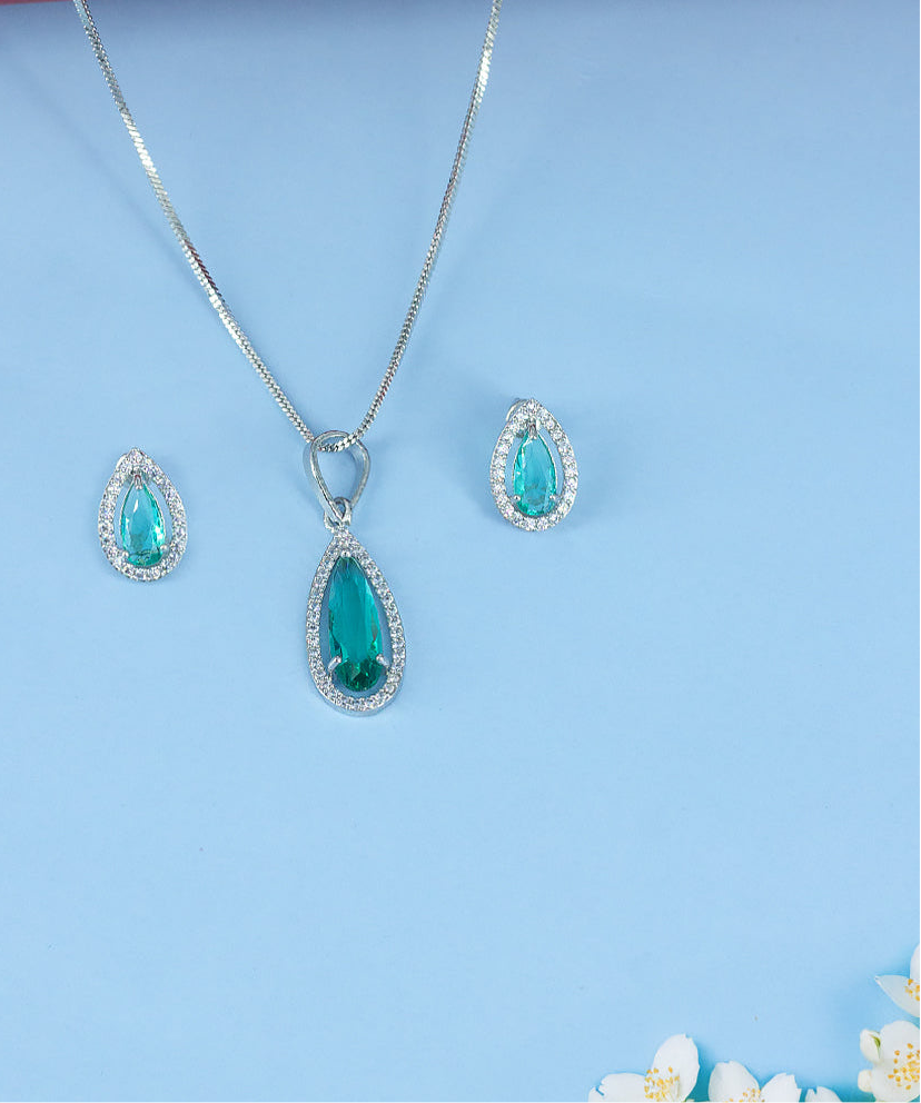 Rhodium Plated Green Drop American Diamond Trendy Pendant Set