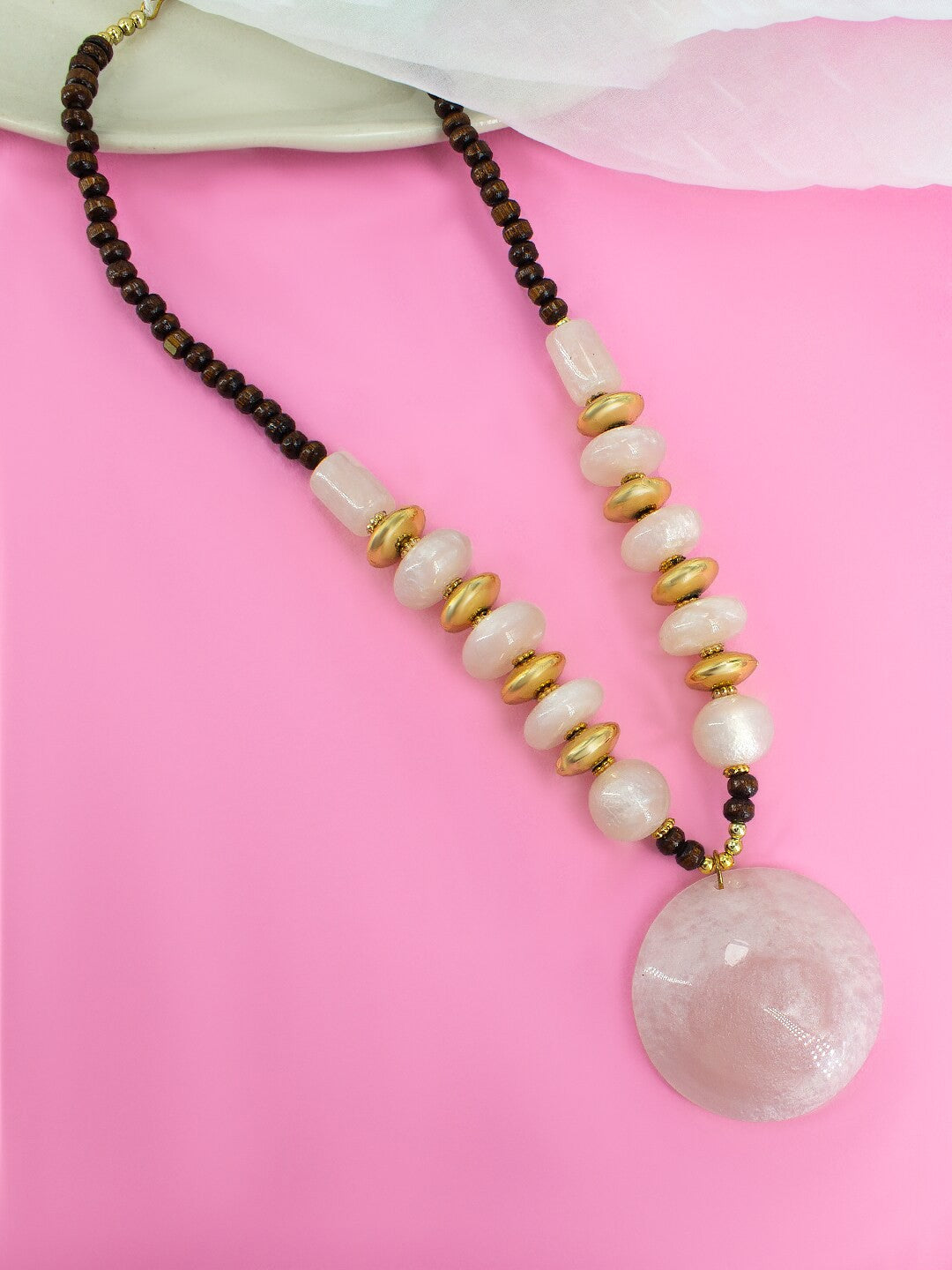Gold Plated Pink Beaded Tibetan Style Necklace