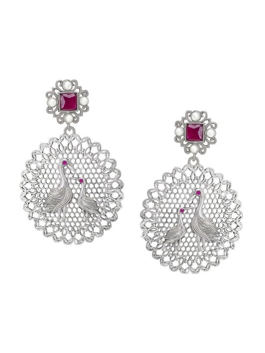 Silver Oxidised Heron Bird Shaped & Artificial Stones Studded Drop Earrings