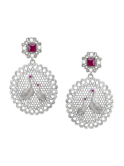 Silver Oxidised Heron Bird Shaped & Artificial Stones Studded Drop Earrings